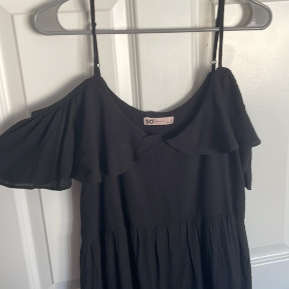 Black Spaghetti Strap Dress with Open Shoulder Frill Sleeves - Picture 2 of 7
